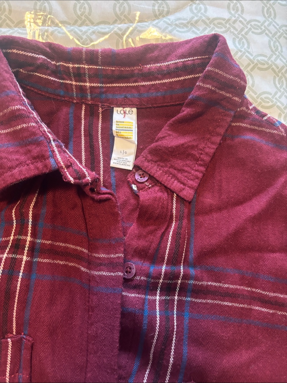 Lole Women’s Iarge Maroon Plaid Button-Down Shirt